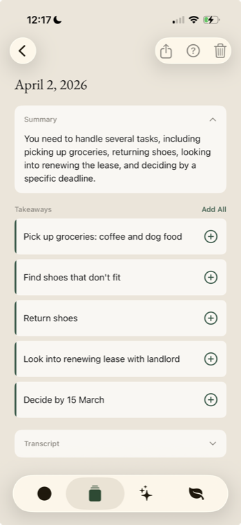 DayTape entry screen showing an AI summary and a list of extracted action items