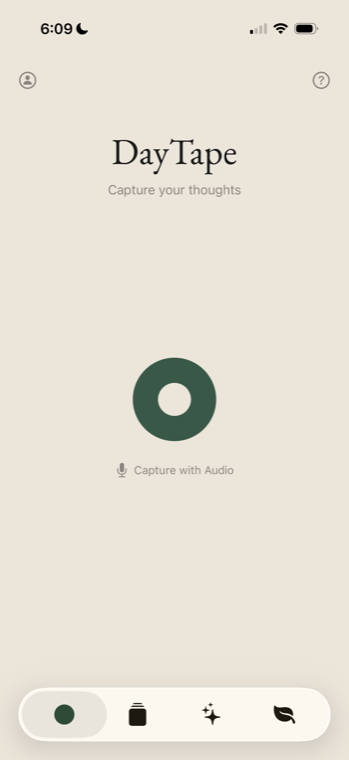 DayTape iPhone app — the record screen where you capture a voice note with one tap