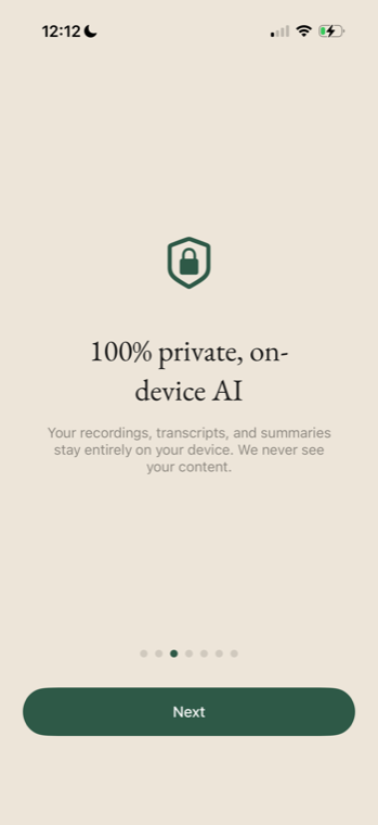 DayTape takeaways list — a private, searchable list of action items stored only on your phone