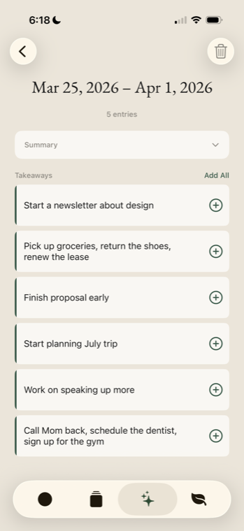 DayTape weekly recap screen showing patterns and follow-ups across a week of entries